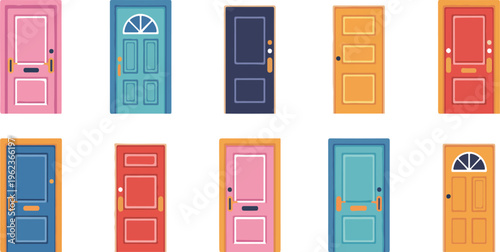 Open and closed door collection cartoon entrance and exit doors with handles and frames home architecture vector set illustration