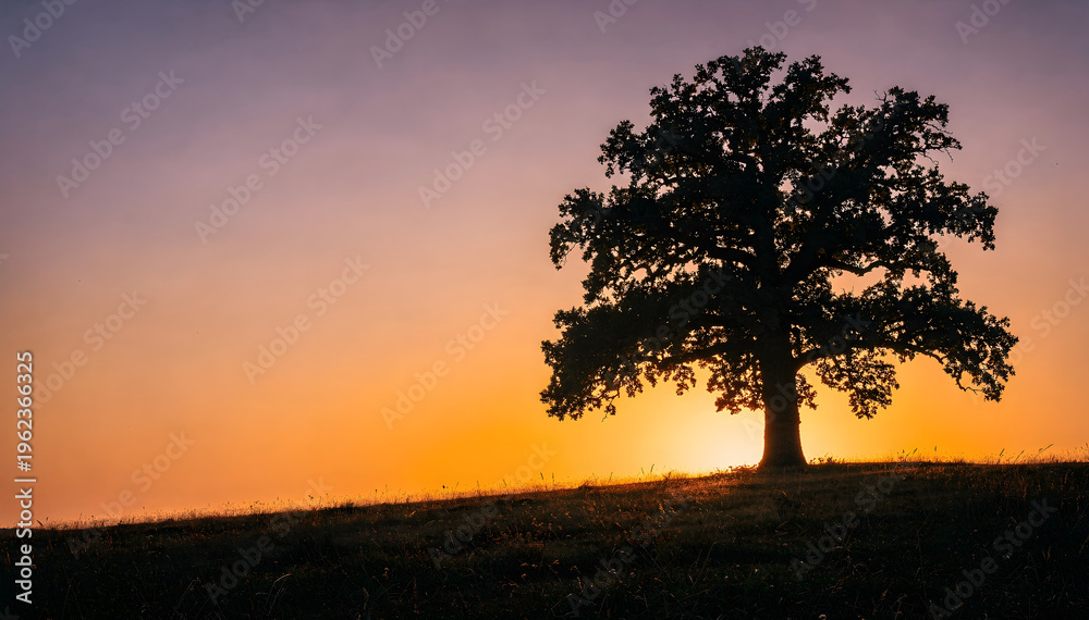 Obraz premium Silhouette of a majestic oak tree against a vibrant, colorful sunset, bathing the rural landscape in warm, tranquil light at dusk