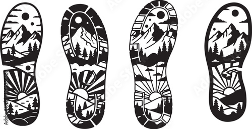 Outdoor adventure footprint vector set, mountain landscape shoe sole silhouettes, black and white hiking boot prints with sun and forest scenery