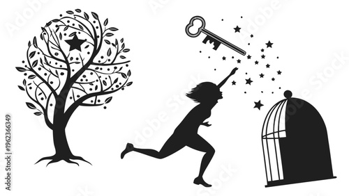 Black silhouette illustration of a girl in a park jumping with a ball near a tree, featuring vector art design elements of sport, dance, and music