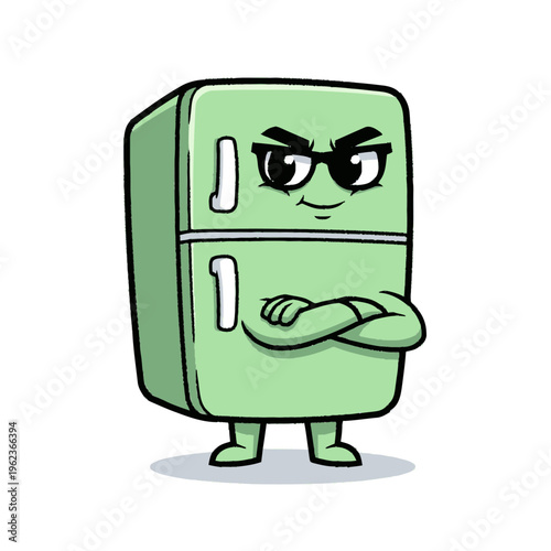 Cartoon refrigerator character with a confident stance.