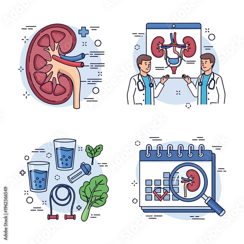 Kidney Health Concept: Anatomy, Doctors, Healthy Lifestyle, Calendar Tracking