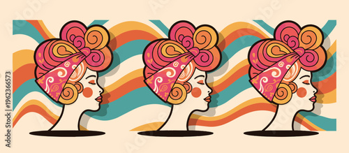 Retro boho woman profile with bandana hairstyle. Psychedelic 70s summer festival fashion concept. Flat design vector illustration