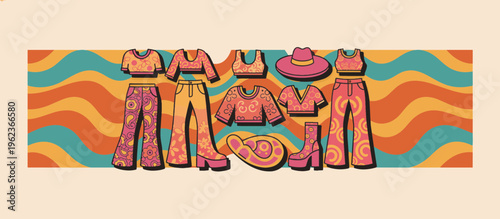 Retro boho festival clothing and outfit collection. Psychedelic 70s summer fashion apparel set. Flat design vector illustration