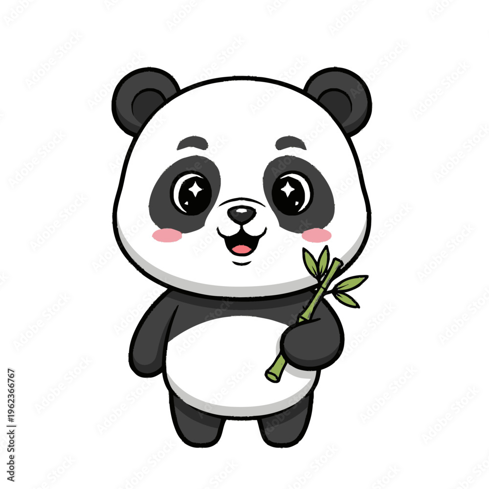 Fototapeta premium Cute Cartoon Panda Holding Bamboo.