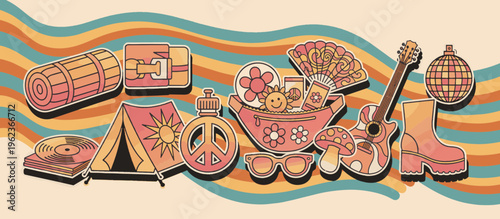 Retro festival survival kit essentials vector illustration. Groovy camping gear and music accessories set. 70s style flat design