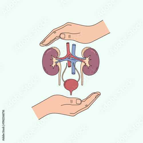 Human Kidneys and Urinary System Protected by Hands - Medical Care and Health Concept
