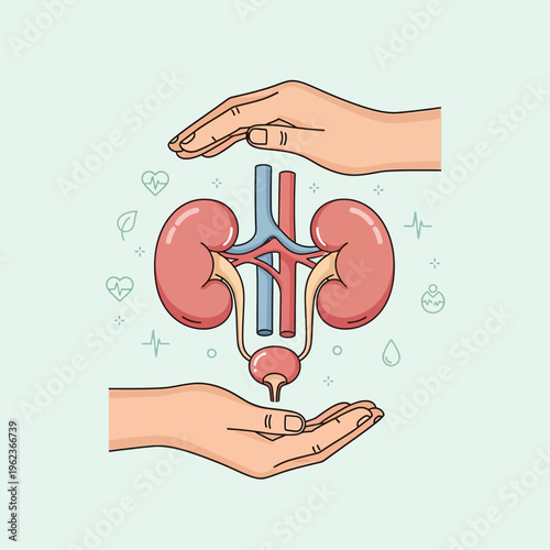 Human Kidneys Health Care Concept: Hands Protecting Urinary System Organs, Medical Illustration