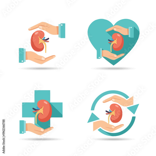 Kidney care icons: hands protecting kidney in heart, cross, circle, and abstract shapes