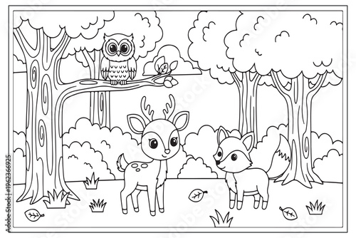 A charming woodland scene featuring an owl deer and a curious hummingbird