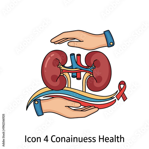 Kidney Health Awareness Icon: Hands Protecting Kidneys with Red Ribbon