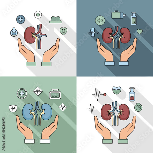 Kidney Health Care Concept: Hands Holding Healthy Kidneys with Medical Icons