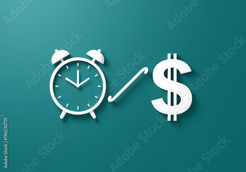 White clock and dollar sign icons linked by arrow on teal background