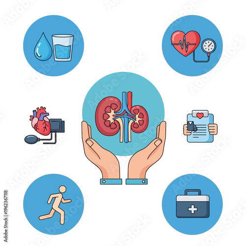Kidney health care concept, hands holding kidneys, surrounded by icons of health and wellness