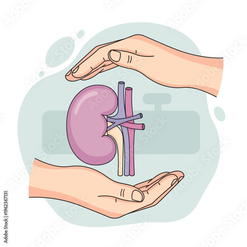 Kidney health care concept, hands protecting human kidney organ, medical support and donation