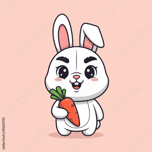 Cute cartoon white bunny holding a fresh carrot illustration.