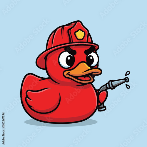Cute Red Firefighter Duck Character Holding Water Hose.