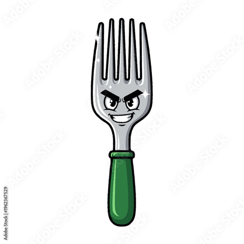 Evil Fork Character with Angry Face and Green Handle.