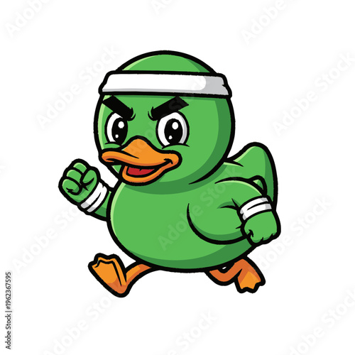 Green cartoon duck running with headband and wristbands.