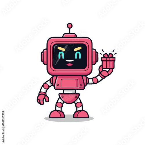 Pink cartoon robot holding gift box.
