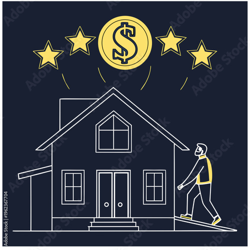 Luxury Real Estate Rating Neon House with Dollar Sign and Five Stars Vector
