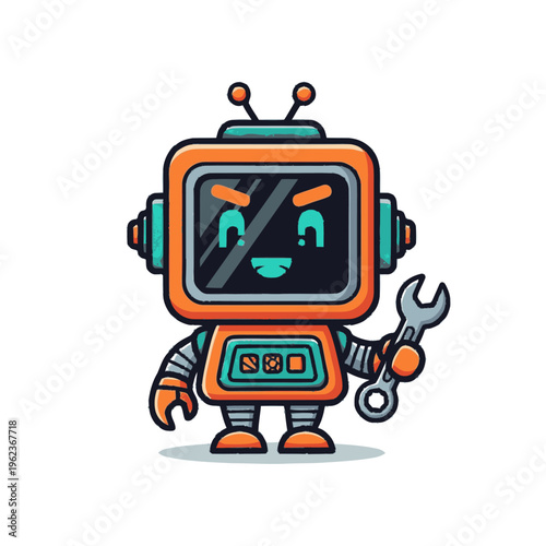 Robot Holding Wrench Tool Cartoon.