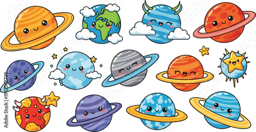 Cute Cartoon Planets Illustration Set with Smiling Solar System Planets, Ringed Planets, Earth, and Space Characters Vector Collection