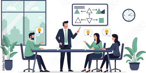 Business team brainstorming meeting in modern office with green plants and city view in flat design for corporate website