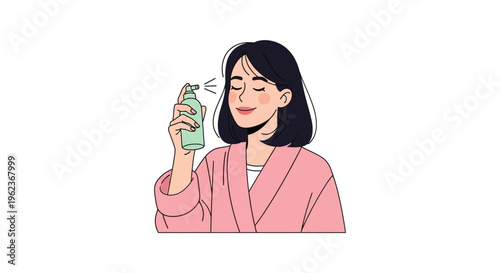 Woman spraying facial toner in pink robe with closed eyes in soft natural lighting for skincare routine