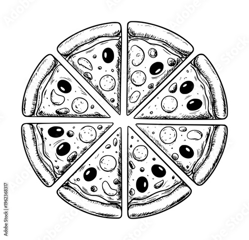 Hand Drawn Black and White Pizza Slices Arranged in a Circle White Background food