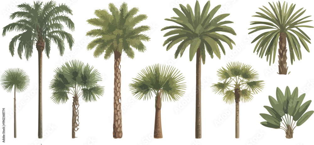 Fototapeta premium Hand drawn palm tree set vintage engraving tropical plants detailed exotic foliage summer vacation resort botanical vector illustration