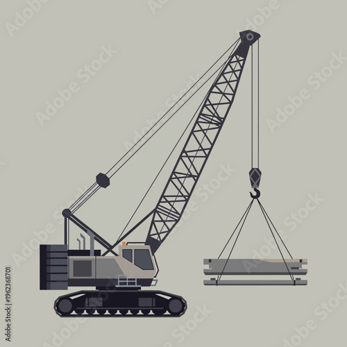 Crawler crane lifting concrete slabs at construction site, heavy machinery, industrial equipment