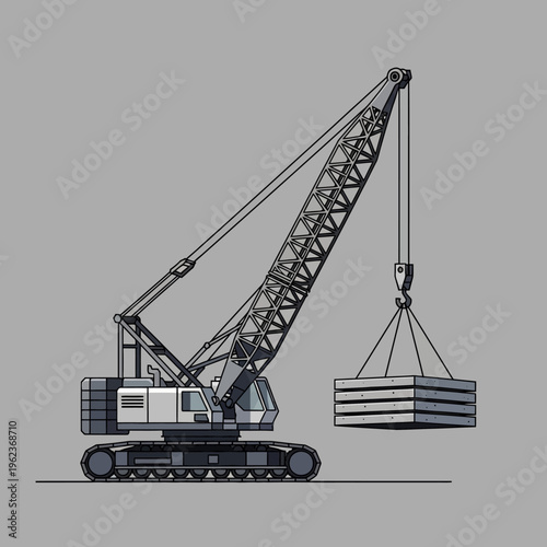Crawler crane lifting concrete slabs construction site heavy machinery industrial equipment
