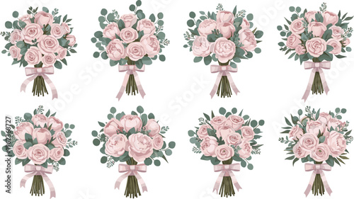 Pink Rose Wedding Bouquet Illustration Set with Elegant Bridal Flower Arrangements, Romantic Floral Bouquets Vector Collection