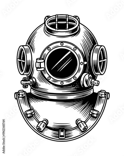 Vintage deep sea diving helmet with porthole window and metal clasps detailed