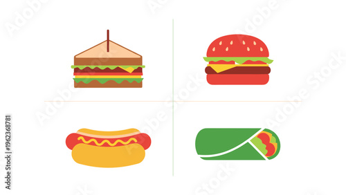 Four iconic fast food items displayed as simple illustrations
