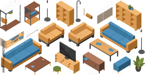 Living room isometric kit with modern furniture sofa armchair coffee table lamp houseplant laptop interior apartment vector set