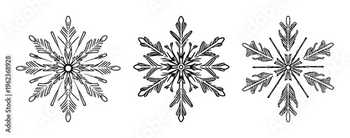 Snowflake set with symmetrical line art and circuit board patterns featuring tech, winter, sharp lines, isolated on white with electronics and design