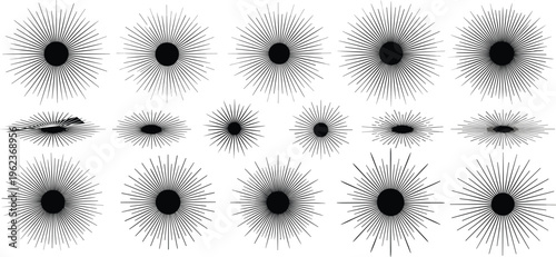 Radial sunburst icon collection with circular line symmetry abstract artwork, geometric design, black vector template set