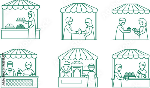 Islamic market stall icon set, Ramadan street food festival with Muslim people, Halal food bazaar and traditional fair vector, SEO.