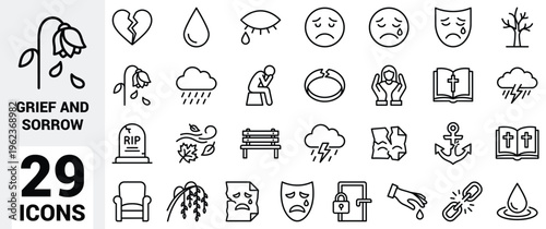Black and white grief and sorrow icon set featuring crying faces, broken hearts, wilted flowers, gravestones, storm clouds, candles, emotional symbols, loss themes, and mourning illustrations