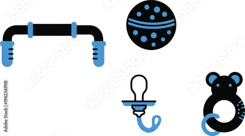 Infant play items are shown as a set of blue and black icons, featuring a baby gym bar, a patterned ball, a soothing pacifier, and a charming bear-shaped rattle, representing baby entertainment.