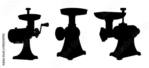 Meat grinder set with solid black silhouette of industrial manual tool design featuring heavy metal, vintage workhorse, simple line art with raw meat processing and kitchen equipment
