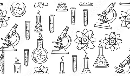 School science hand-drawn doodle vector pattern with flasks, test tubes, microscopes, and atom models