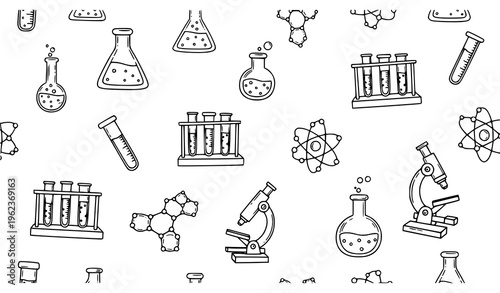 Cute hand-drawn chemistry vector seamless pattern with flasks, beakers, microscopes, and atom icons