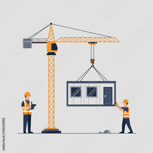 Construction workers using crane to lift modular building unit at construction site