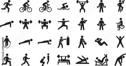 Comprehensive fitness exercise icon set featuring running cycling weightlifting yoga and crossfit silhouettes for workout tracking sports infographics and health training manuals