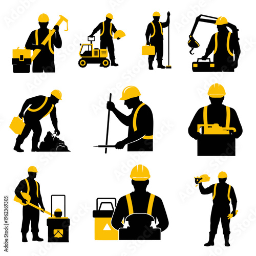 Construction workers with tools and equipment, diverse actions and professions