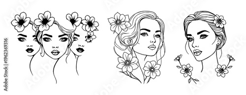 Elegant women's faces set with continuous line art style with flowers featuring female faces, fashion illustration, botanical elements with tattoo and textile