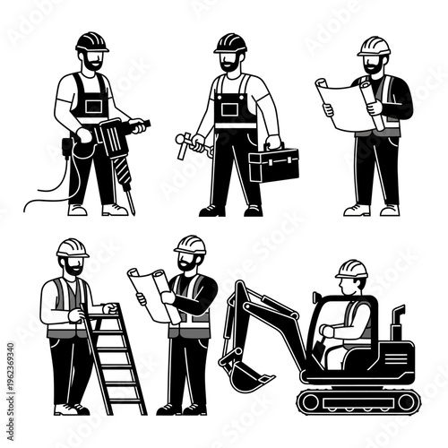 Construction workers with tools and machinery, blueprint, safety gear, diverse tasks